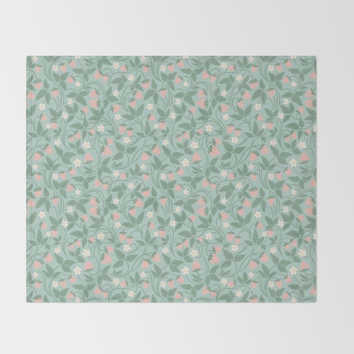 Strawberries - dusty pink and green on sky blue Throw Blanket Gallery Image 2