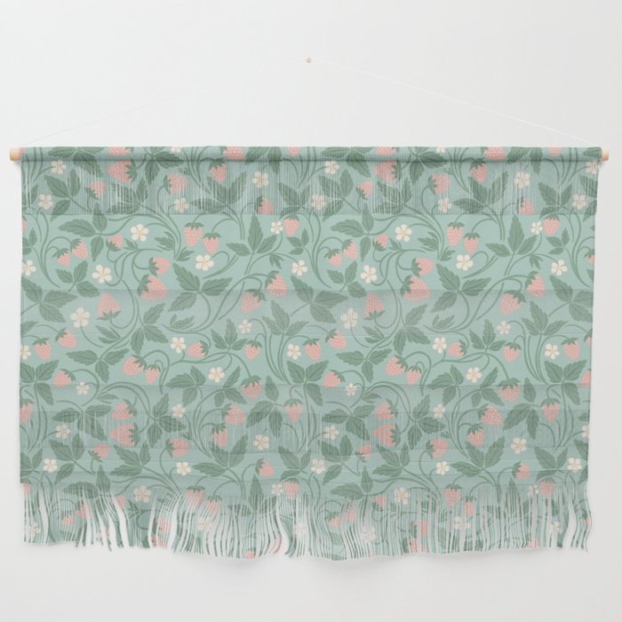 Strawberries - dusty pink and green on sky blue Wall Hanging Gallery Image 1