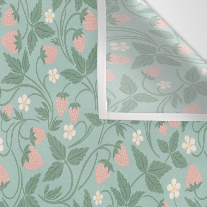 Strawberries - dusty pink and green on sky blue Wall Tapestry Gallery Image 3