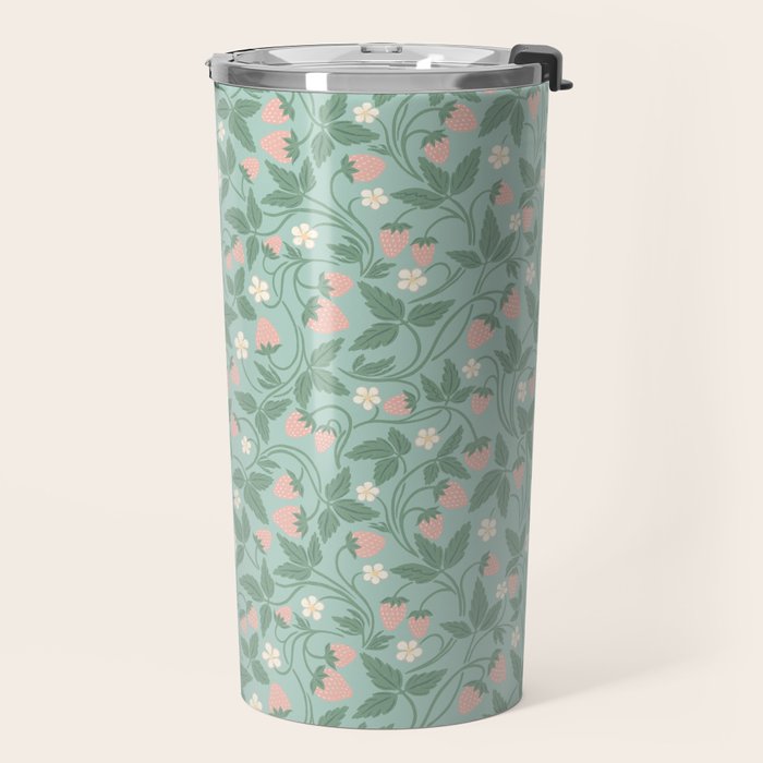 Strawberries - dusty pink and green on sky blue Travel Mug Gallery Image 2