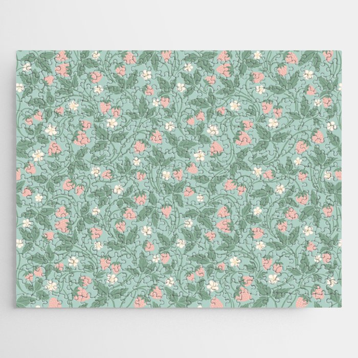 Strawberries - dusty pink and green on sky blue Jigsaw Puzzle Gallery Image 1