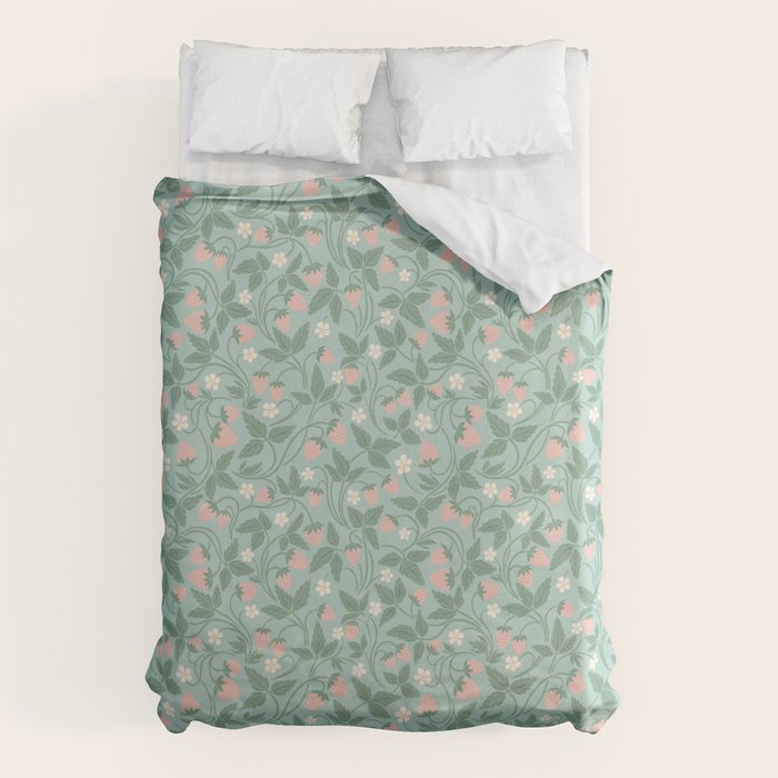 Strawberries - dusty pink and green on sky blue Duvet Cover Gallery Image 1