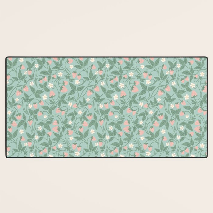 Strawberries - dusty pink and green on sky blue Desk Mat Gallery Image 3
