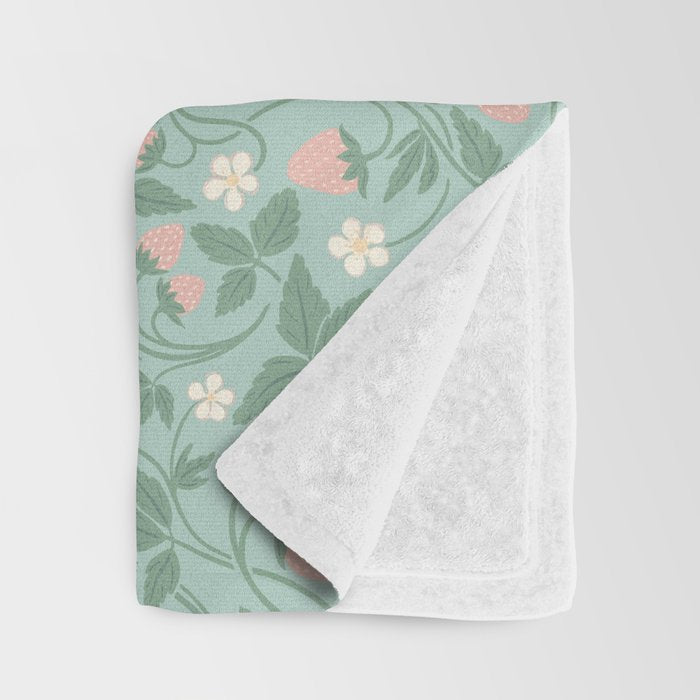 Strawberries - dusty pink and green on sky blue Throw Blanket Gallery Image 3