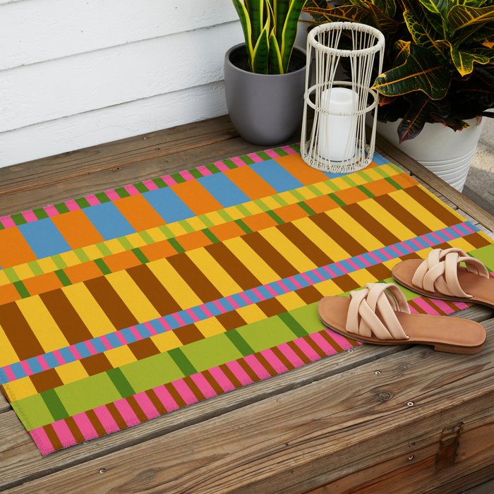 Midcentury Modern Blocks of Stripes colorful pattern Outdoor Rug Gallery Image 2