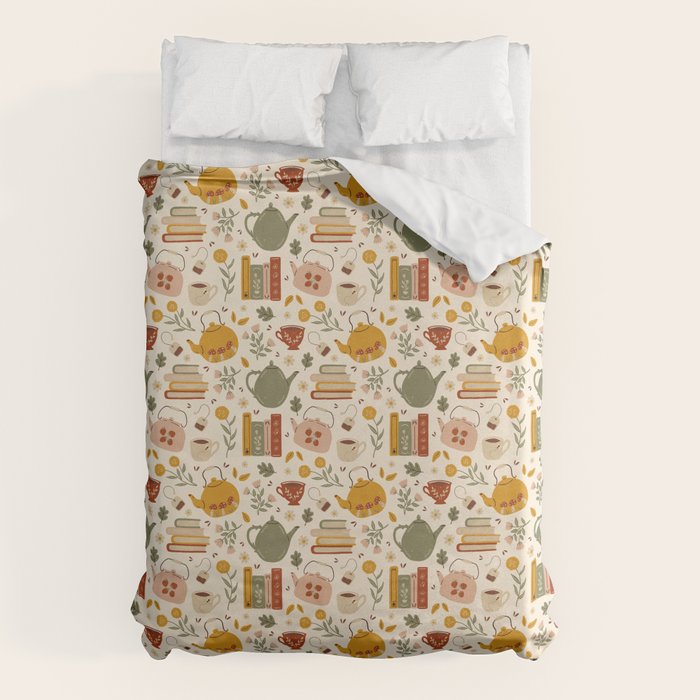 Flowery Books and Tea Duvet Cover