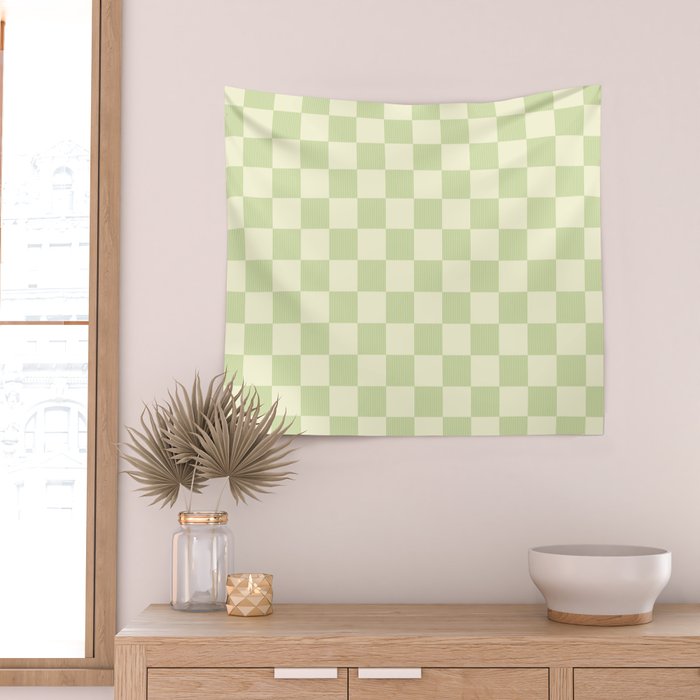 Textured Plaid pattern sage and white Wall Tapestry Gallery Image 2