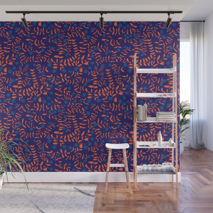 Block print berries blue Wall Mural Gallery Image 1