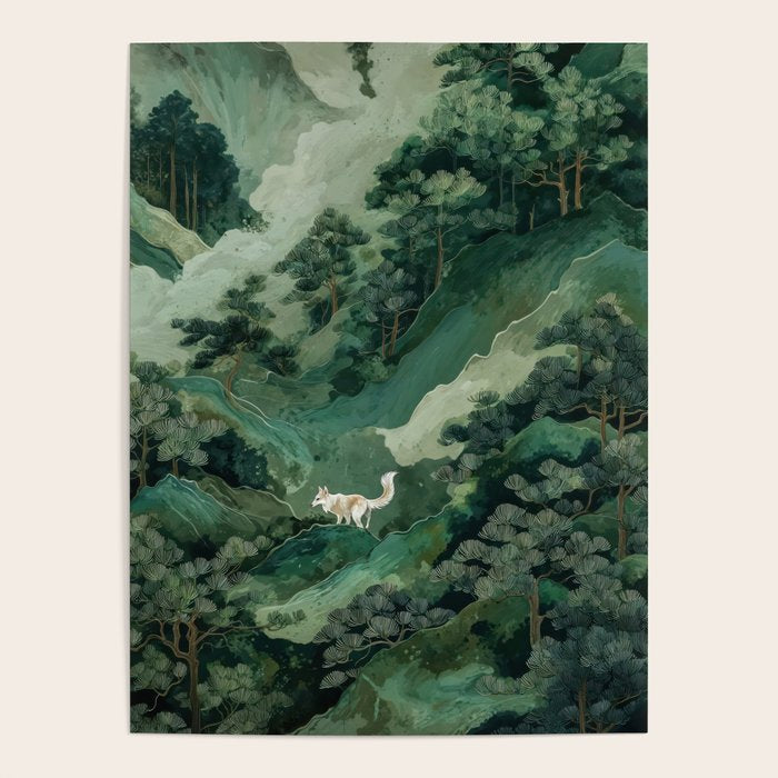 Japanese Wall Art Maximalist Forest Fox Print Japandi Art Sage Green Botanical Wabi Sabi Painting Poster Gallery Image 4