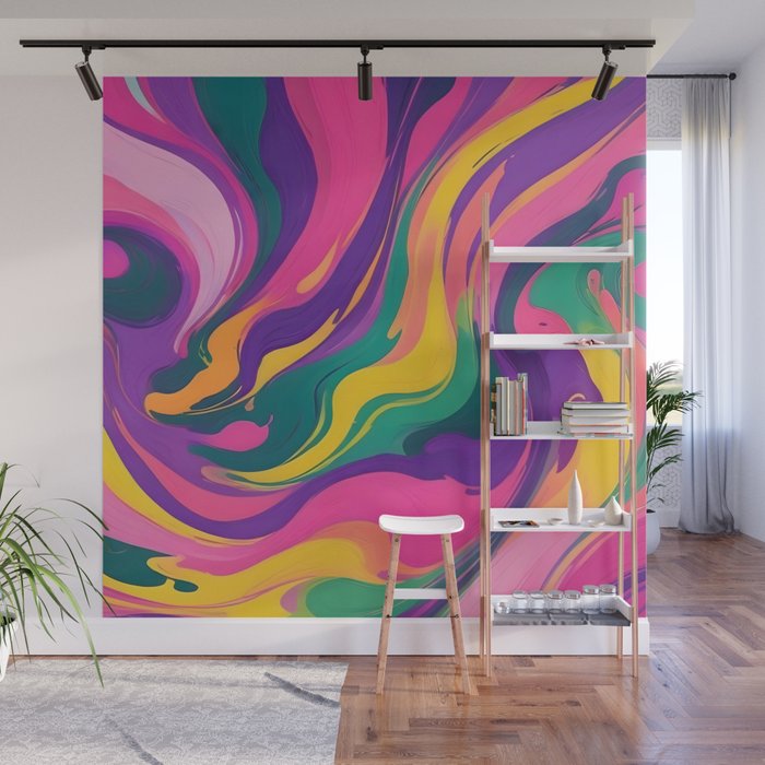 Magnifique, Abstract Fluid Art Resin, Marble Maximalism Painting, Eclectic Bohemian Colorful Bright, Modern Contemporary Boho Happiness Waves Wall Mural Gallery Image 1