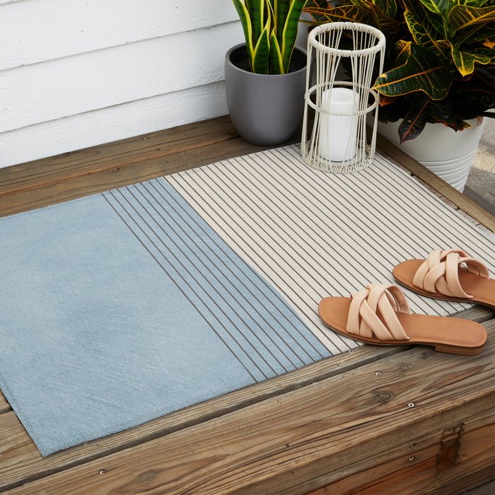 Light Blue Thin Black Lines Minimalism Modern Artwork Outdoor Rug Gallery Image 2
