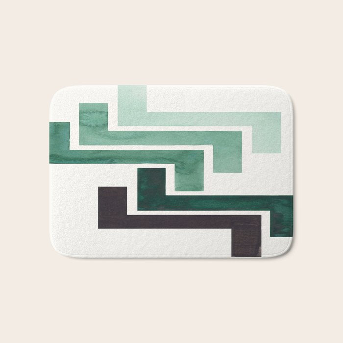 Deep Green Pattern Mid-century Modern Simple Geometric Pattern Watercolor Minimalist Art Squares Bath Mat Gallery Image 1