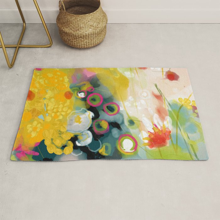 abstract floral art in yellow green and rose magenta colors Rug Gallery Image 1