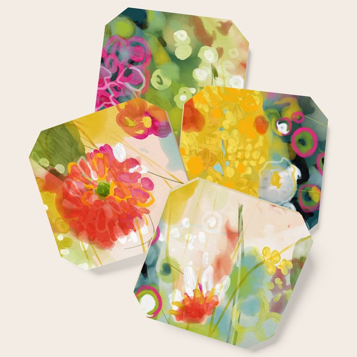 abstract floral art in yellow green and rose magenta colors Coaster Gallery Image 1