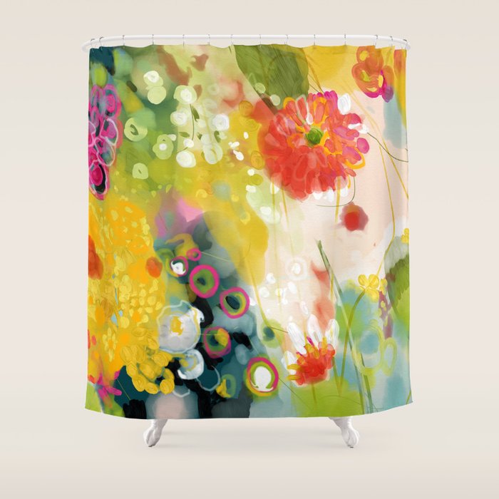 abstract floral art in yellow green and rose magenta colors Shower Curtain Gallery Image 1