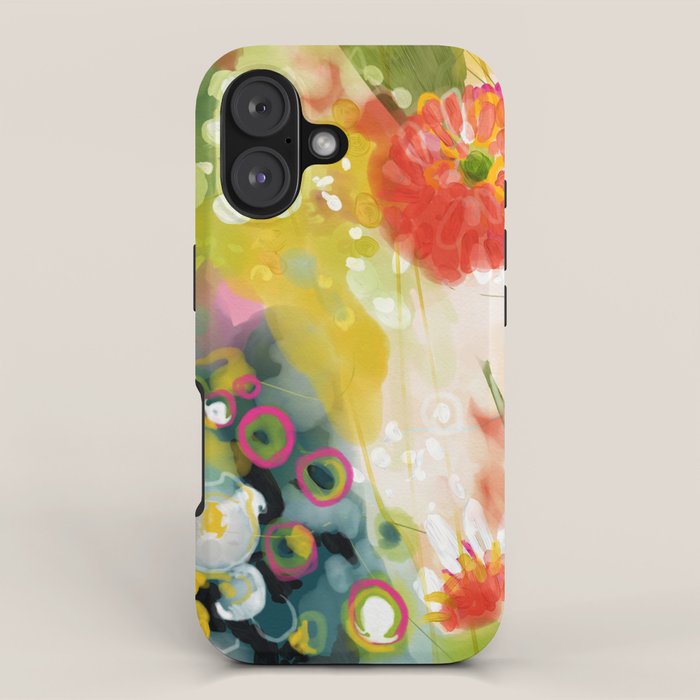 abstract floral art in yellow green and rose magenta colors iPhone Case Gallery Image 1