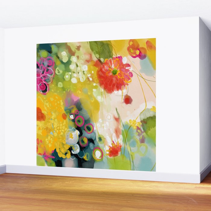 abstract floral art in yellow green and rose magenta colors Wall Mural Gallery Image 2