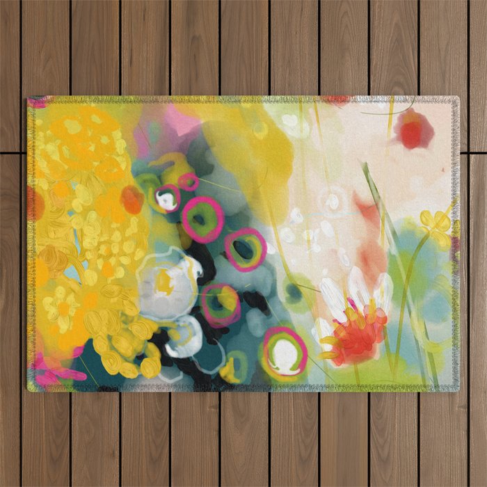 abstract floral art in yellow green and rose magenta colors Outdoor Rug Gallery Image 1