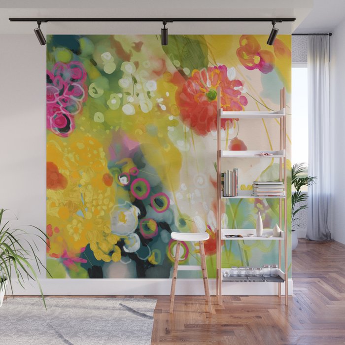 abstract floral art in yellow green and rose magenta colors Wall Mural Gallery Image 1