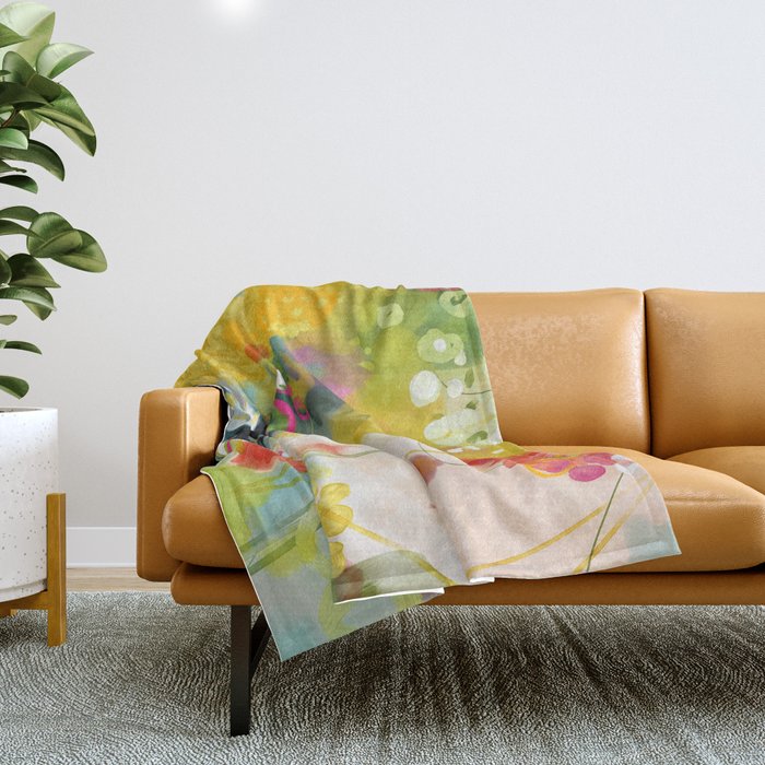 abstract floral art in yellow green and rose magenta colors Throw Blanket Gallery Image 1