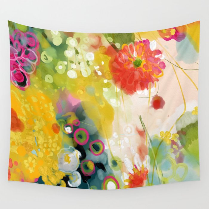 abstract floral art in yellow green and rose magenta colors Wall Tapestry Gallery Image 1
