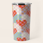 Red love heart checkered patchwork pattern Travel Mug Gallery Image 1