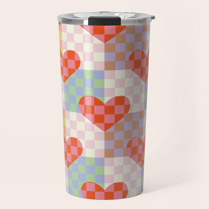 Red love heart checkered patchwork pattern Travel Mug Gallery Image 1