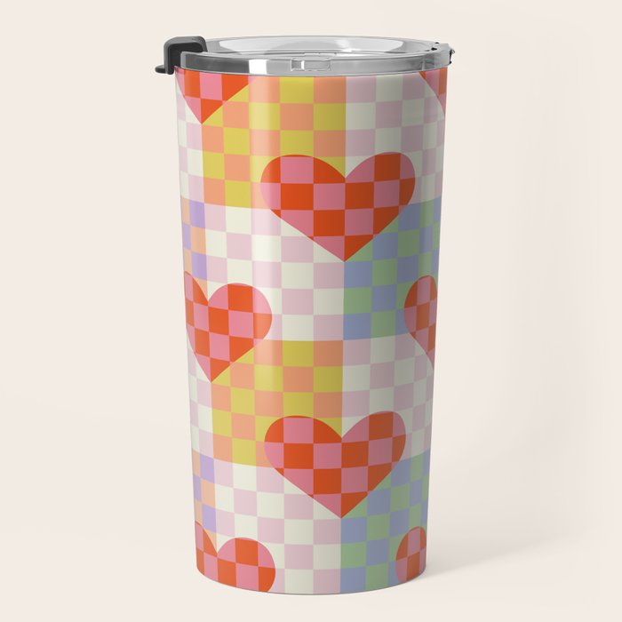 Red love heart checkered patchwork pattern Travel Mug Gallery Image 3