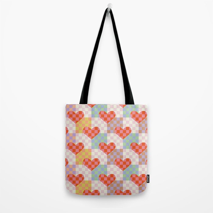 Red love heart checkered patchwork pattern Tote Bag Gallery Image 2
