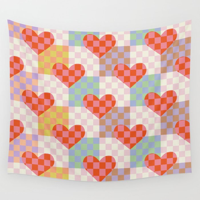 Red love heart checkered patchwork pattern Wall Tapestry Gallery Image 4