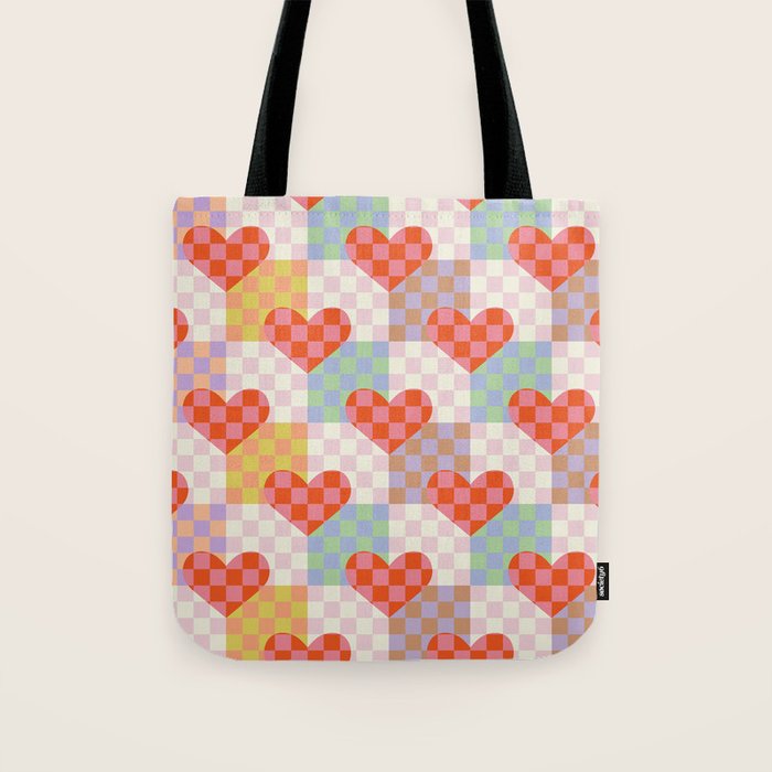 Red love heart checkered patchwork pattern Tote Bag Gallery Image 1