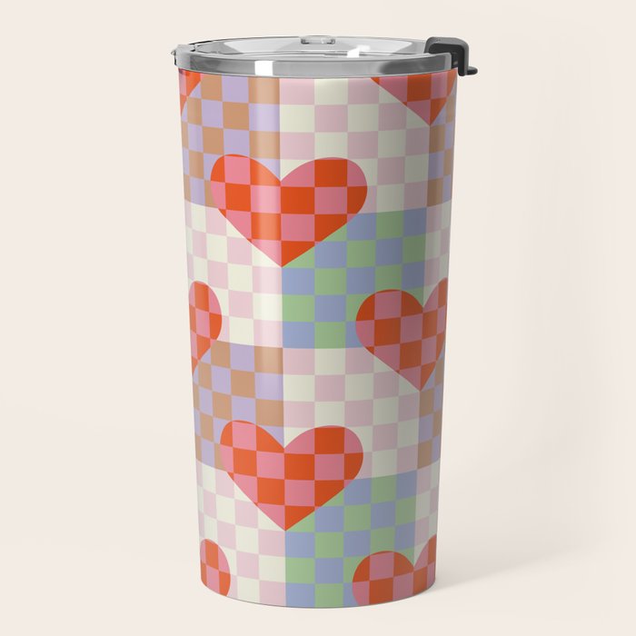 Red love heart checkered patchwork pattern Travel Mug Gallery Image 2