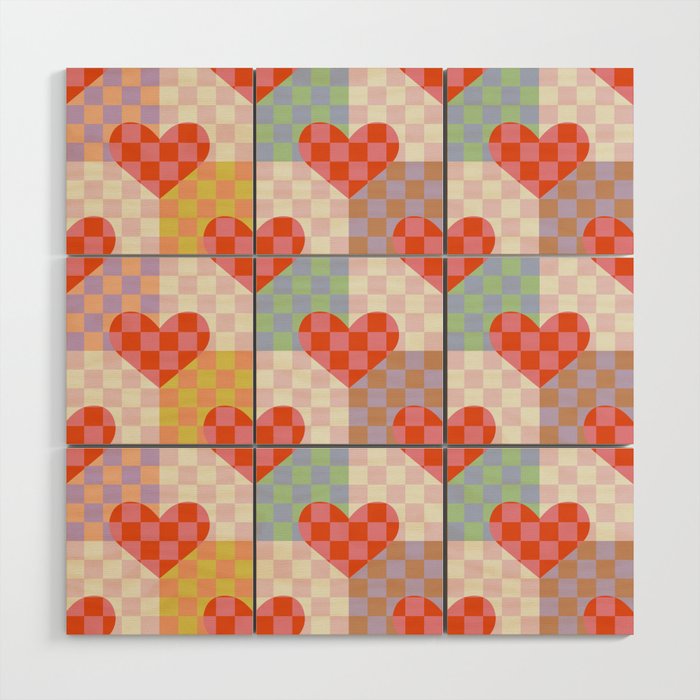 Red love heart checkered patchwork pattern Wood Wall Art Gallery Image 1