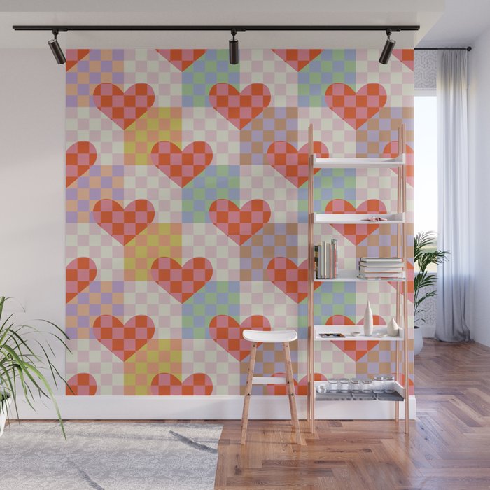 Red love heart checkered patchwork pattern Wall Mural Gallery Image 1