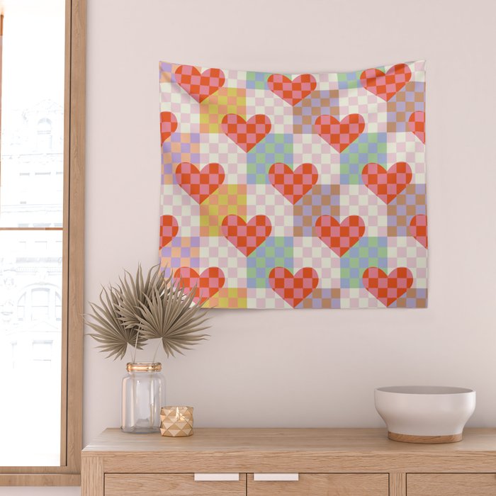 Red love heart checkered patchwork pattern Wall Tapestry Gallery Image 2