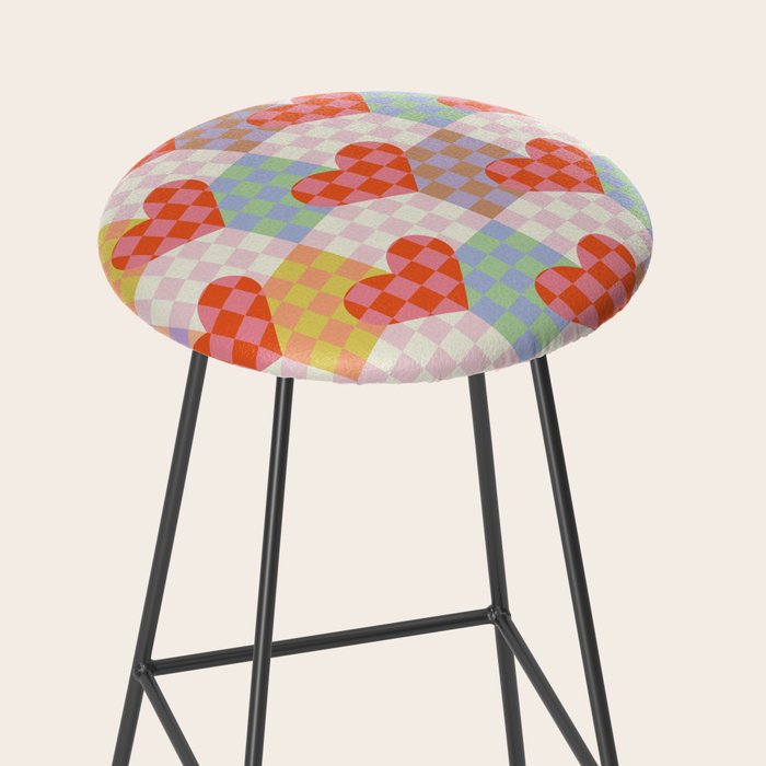 Red love heart checkered patchwork pattern Stool Gallery Image 2