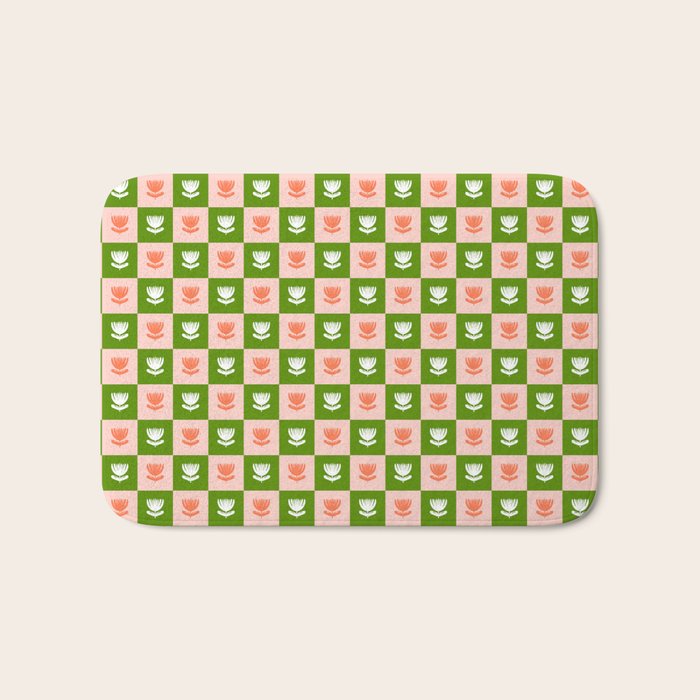 Retro Checkered Tulips Pattern - Pink and Green Bath Mat Gallery Image 1
