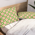 Retro Checkered Tulips Pattern - Pink and Green Pillow Sham Gallery Image 2