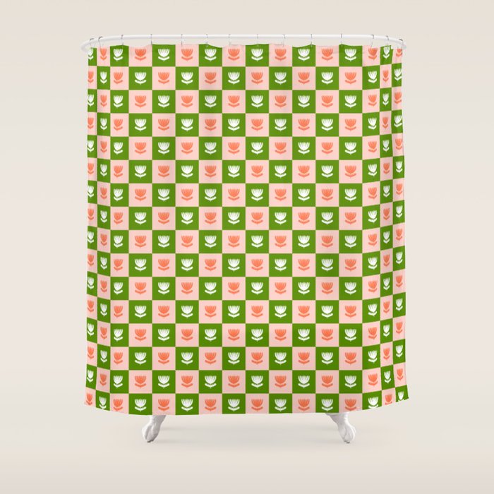 Retro Checkered Tulips Pattern - Pink and Green Shower Curtain Gallery Image 1