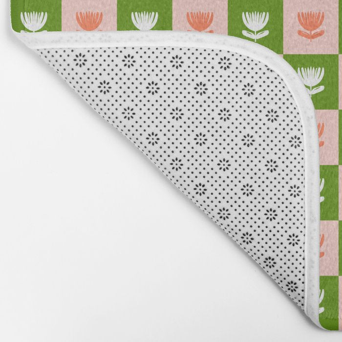 Retro Checkered Tulips Pattern - Pink and Green Bath Mat Gallery Image 2