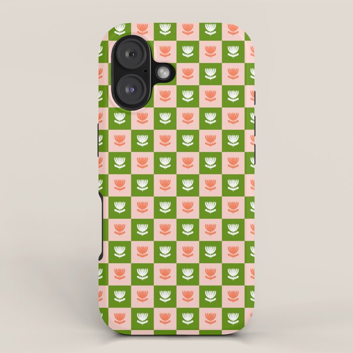 Retro Checkered Tulips Pattern - Pink and Green iPhone Case Gallery Image 1