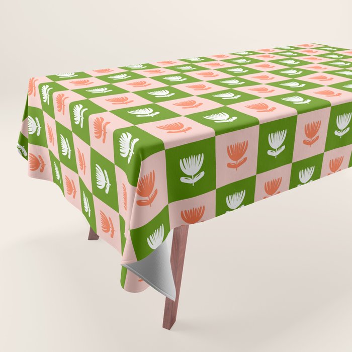 Retro Checkered Tulips Pattern - Pink and Green Tablecloth Gallery Image 1