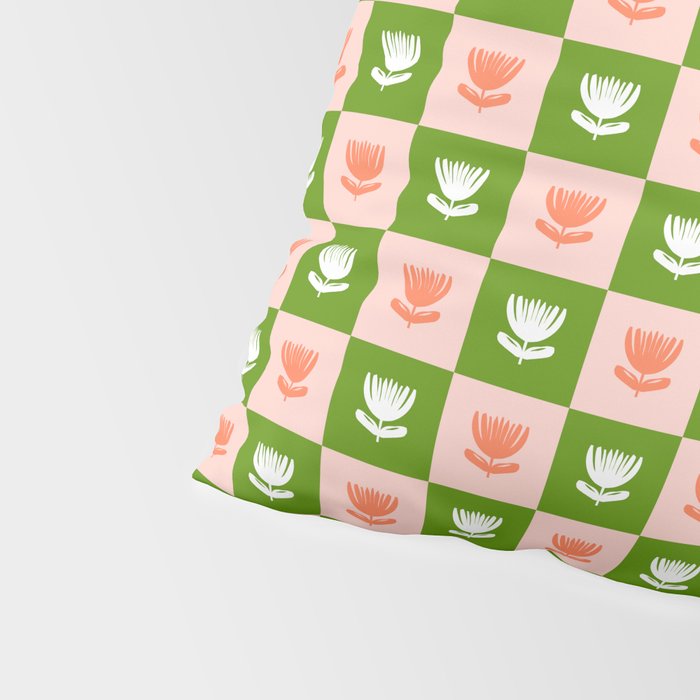 Retro Checkered Tulips Pattern - Pink and Green Pillow Sham Gallery Image 4