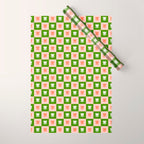 Retro Checkered Tulips Pattern - Pink and Green Wrapping Paper Gallery Image 1