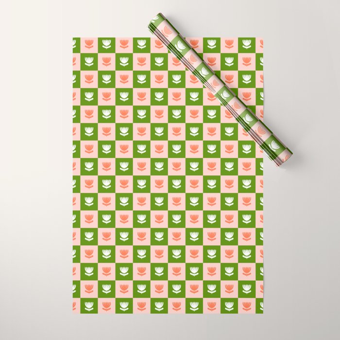 Retro Checkered Tulips Pattern - Pink and Green Wrapping Paper Gallery Image 1