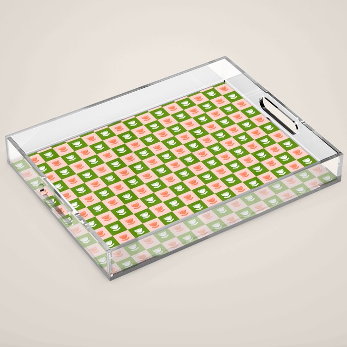 Retro Checkered Tulips Pattern - Pink and Green Acrylic Tray Gallery Image 1