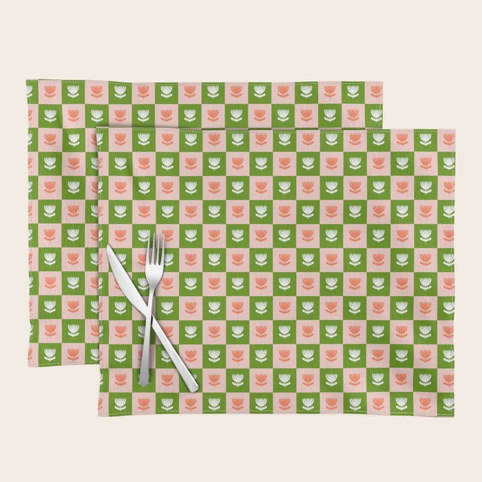 Retro Checkered Tulips Pattern - Pink and Green Placemat Gallery Image 1