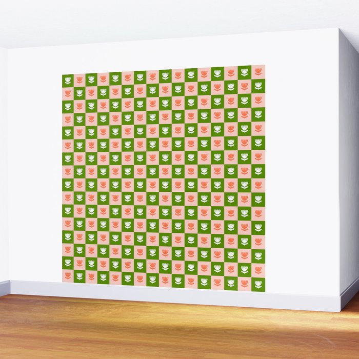 Retro Checkered Tulips Pattern - Pink and Green Wall Mural Gallery Image 2