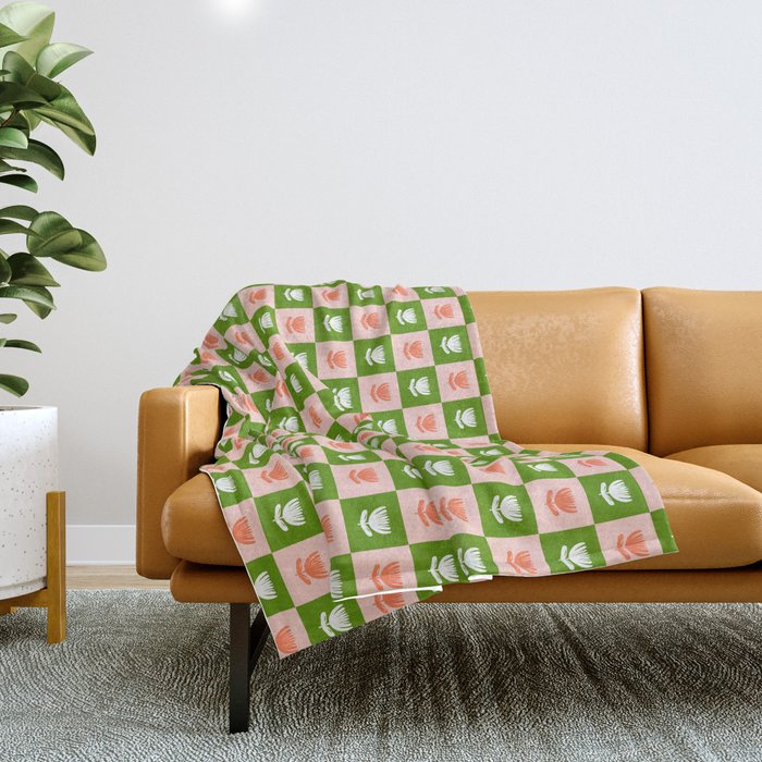 Retro Checkered Tulips Pattern - Pink and Green Throw Blanket Gallery Image 1