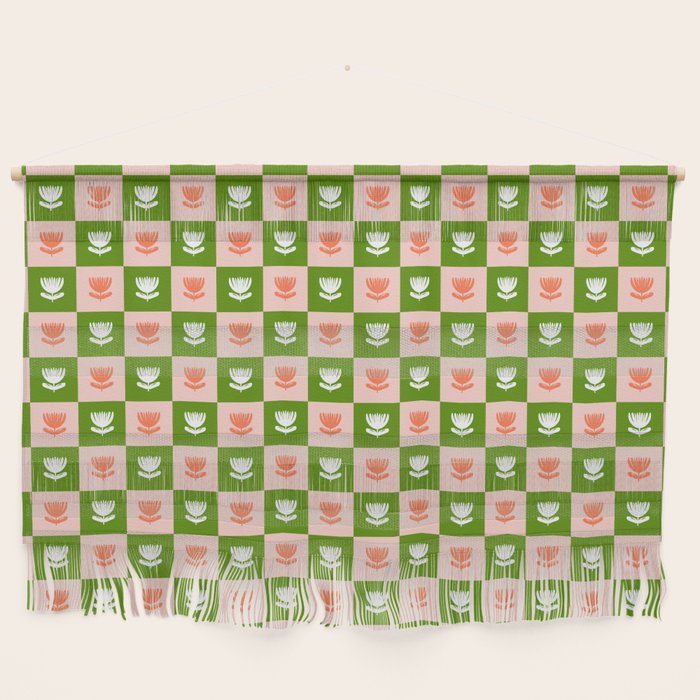 Retro Checkered Tulips Pattern - Pink and Green Wall Hanging Gallery Image 1